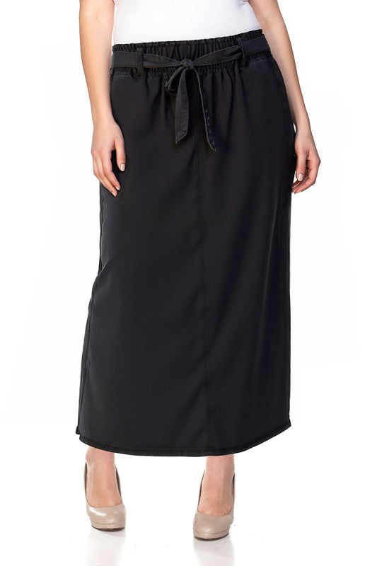 Curvy Black Belted Denim Skirt