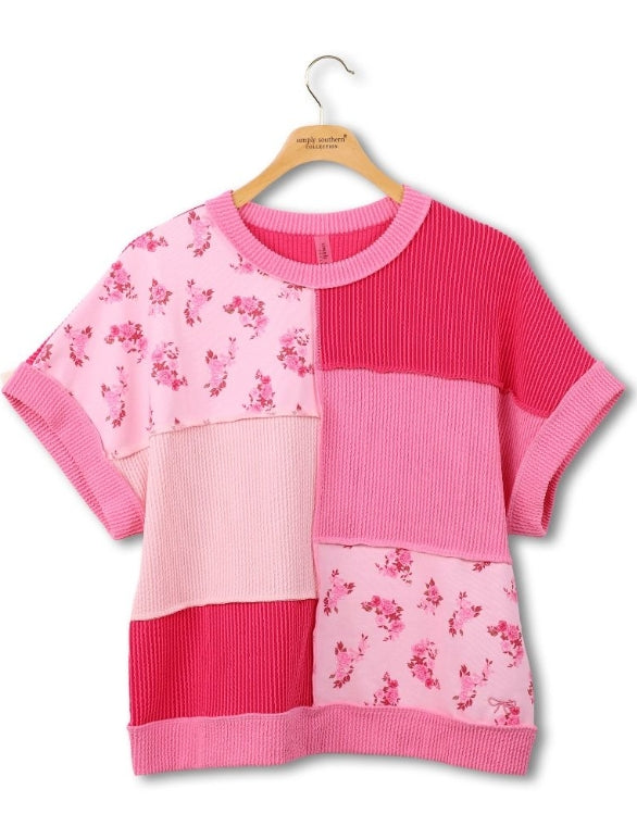 Simply Southern Rosey Pink Patchwork Tee
