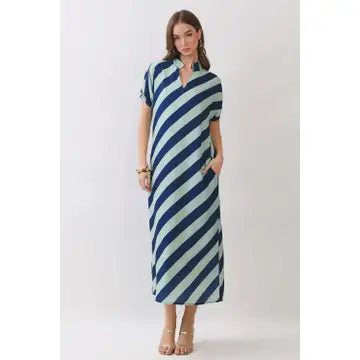 Diagonal Stripe Puff Sleeve Midi Dress