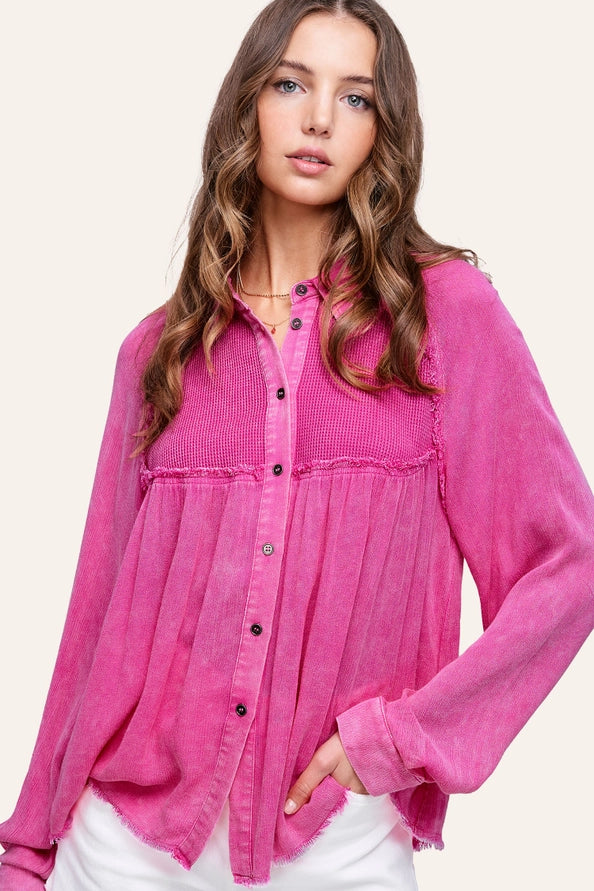Washed Waffle Button Down Top