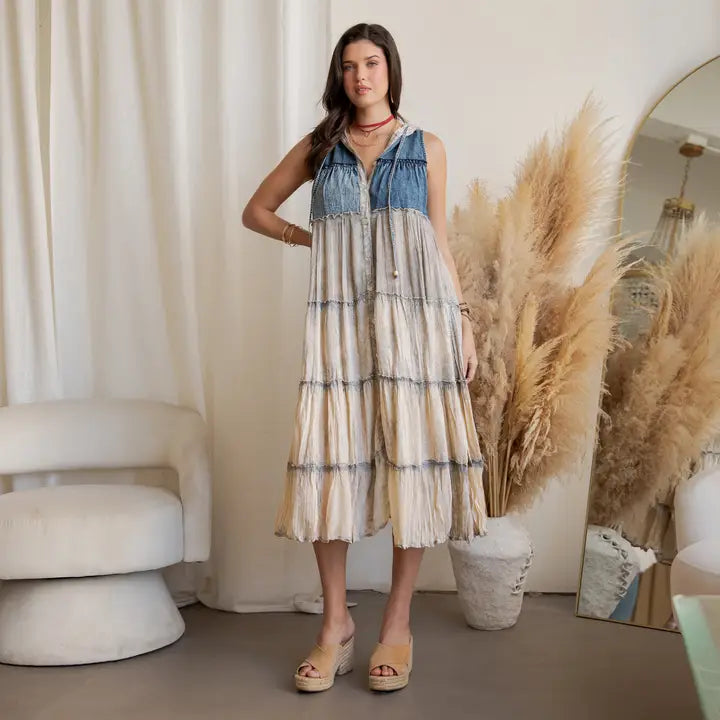 Curvy Sleeveless Denim Tiered Maxi