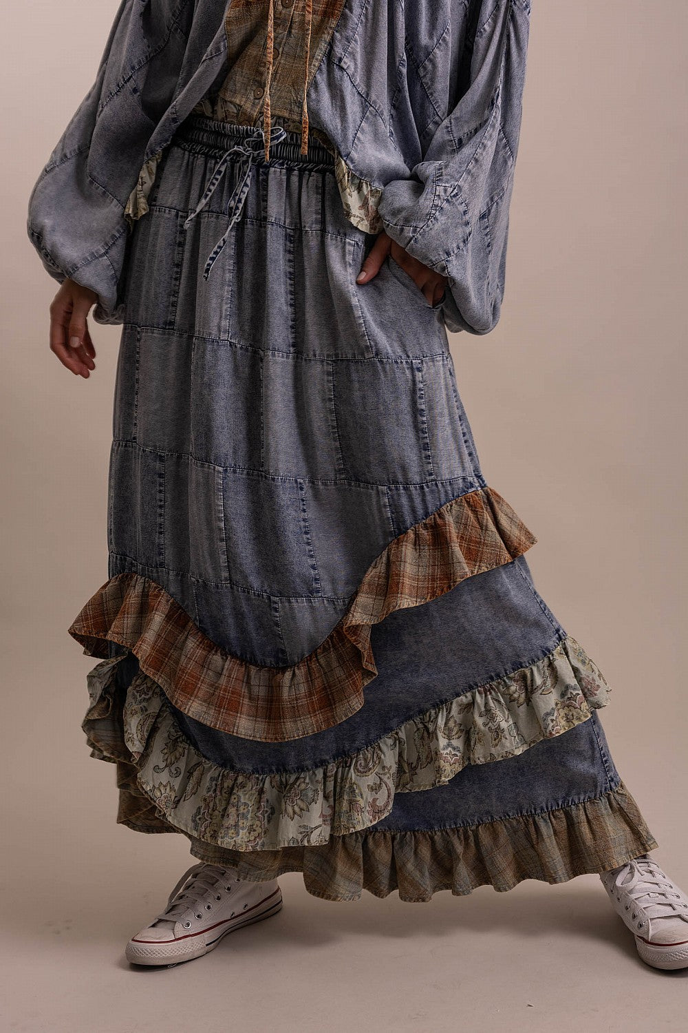 Patchwork Ruffled Denim Skirt