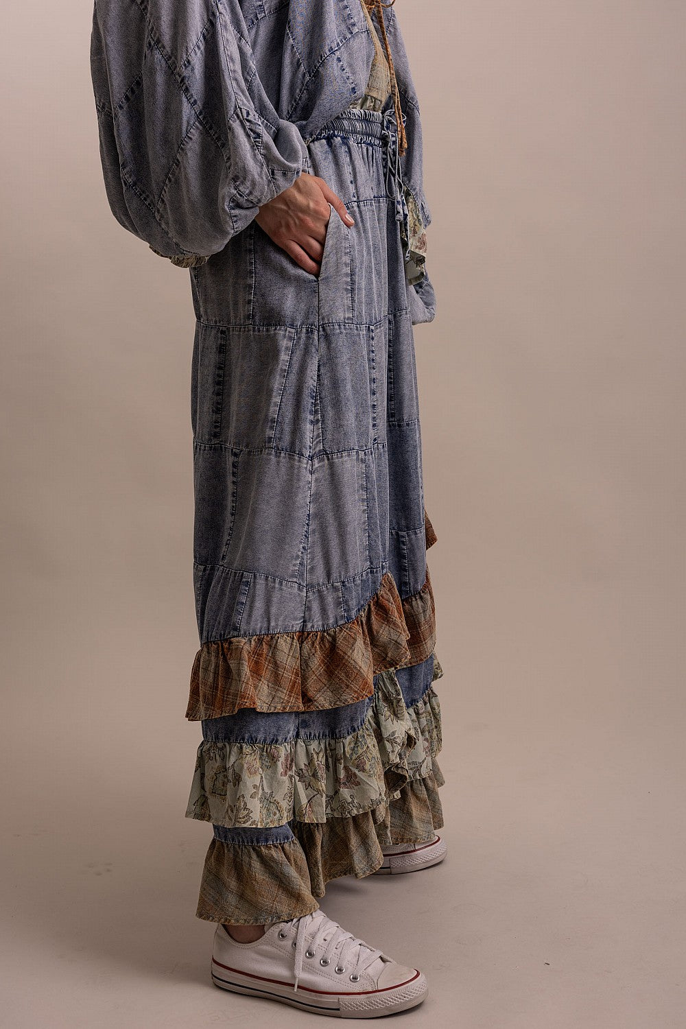 Patchwork Ruffled Denim Skirt