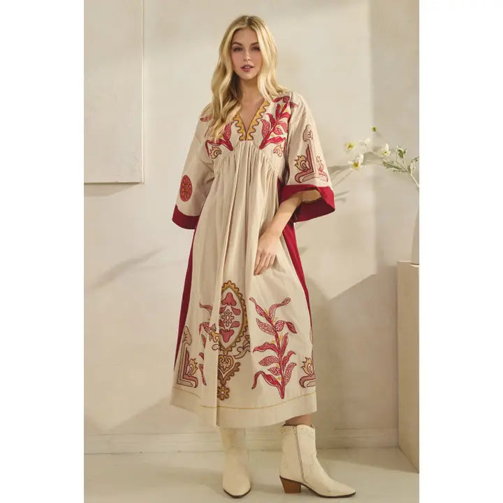 Vintage Embroidery Patch Maxi Dress