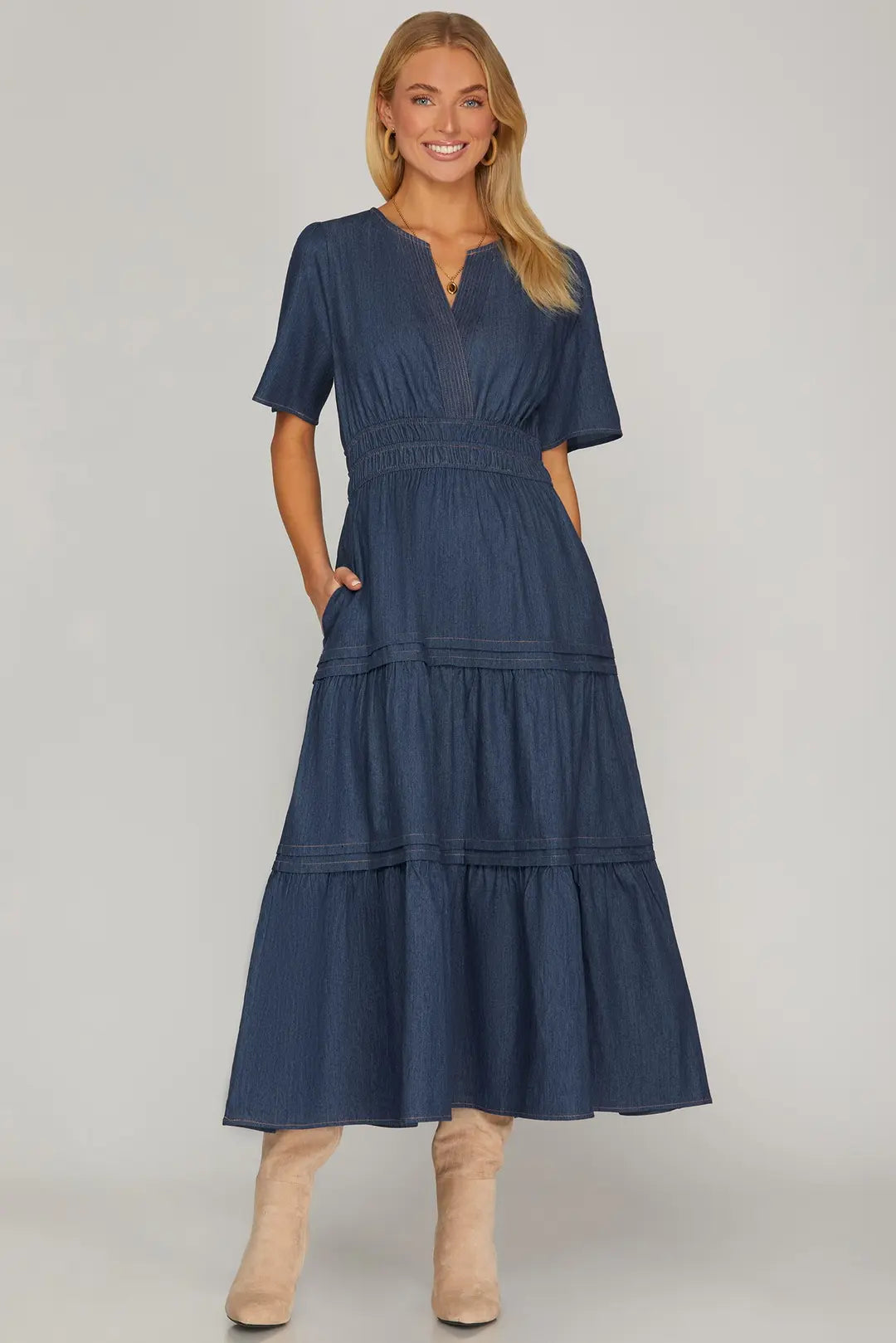 Denim Tiered Maxi Dress