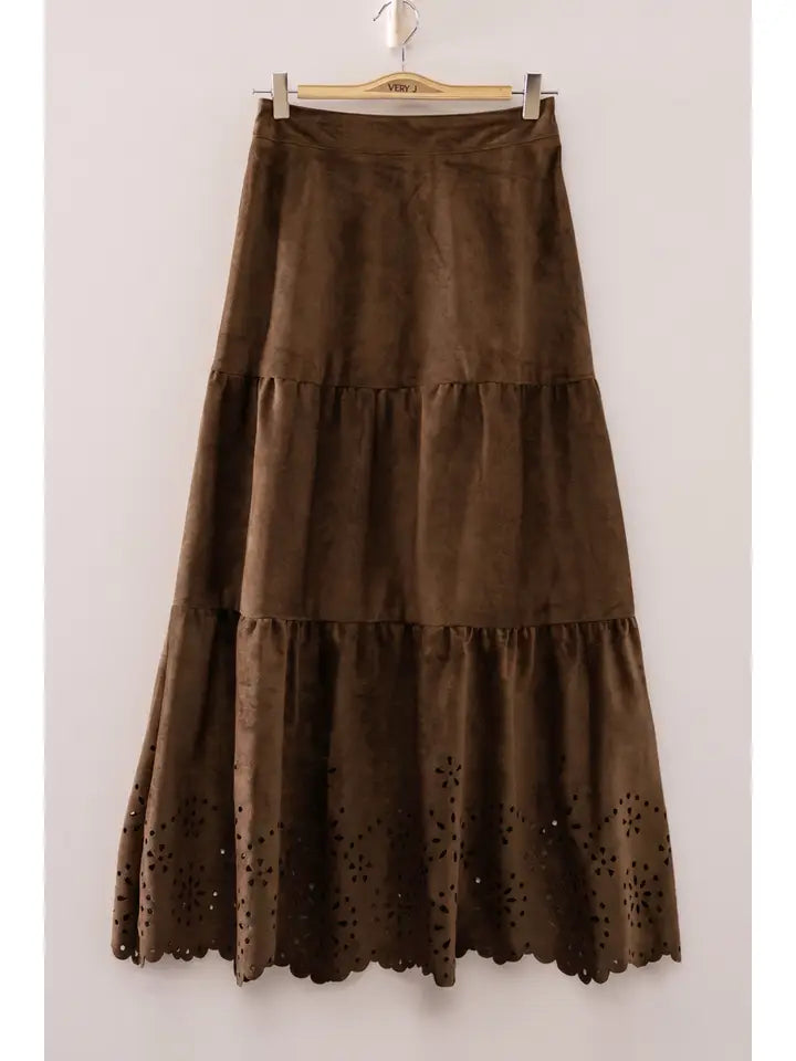 Faux Suede Tiered Midi Skirt