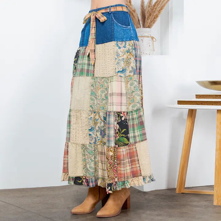 Boho Patchwork Belted Skirt