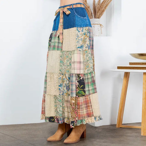 Boho Patchwork Belted Skirt