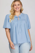 Curvy Pintuck Puff Sleeve Top