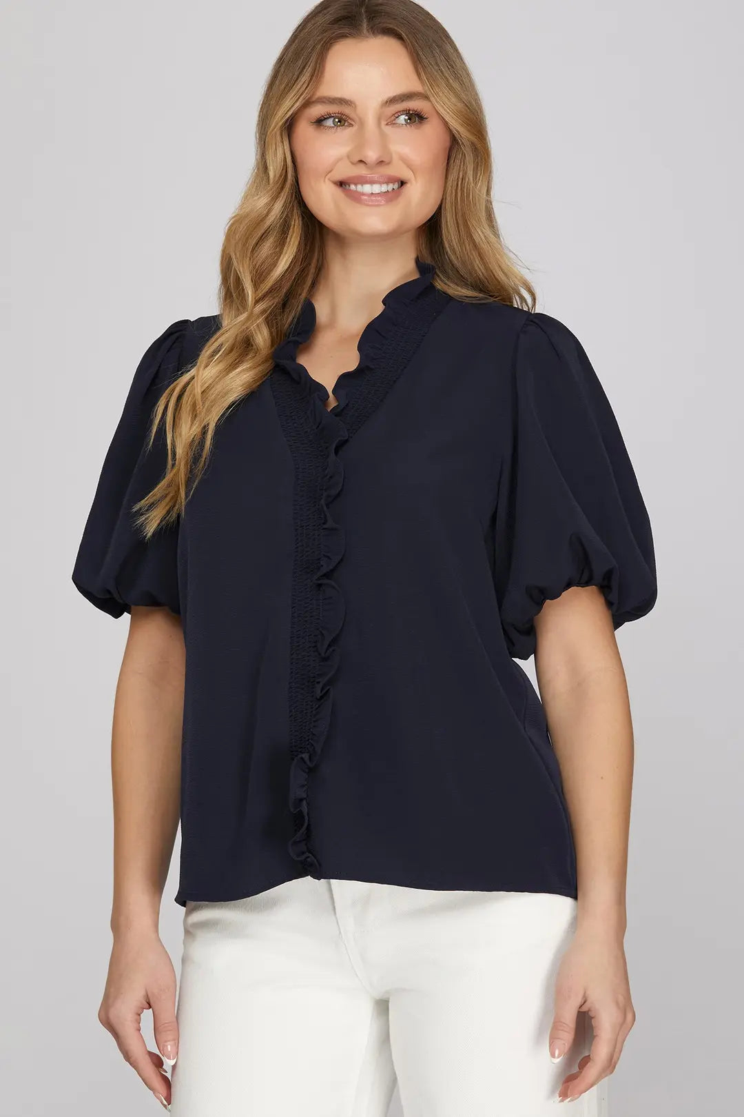 Balloon Sleeve Ruffle Neck Blouse