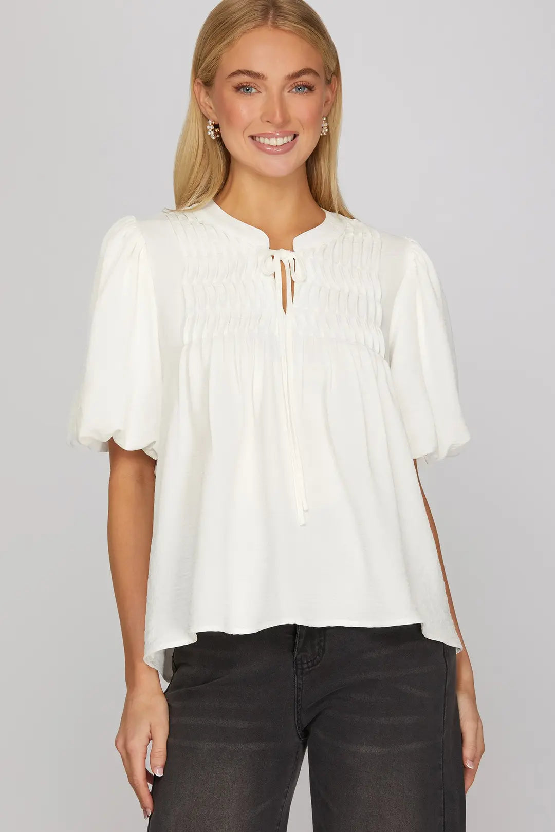 Pintuck Puff Sleeve Top