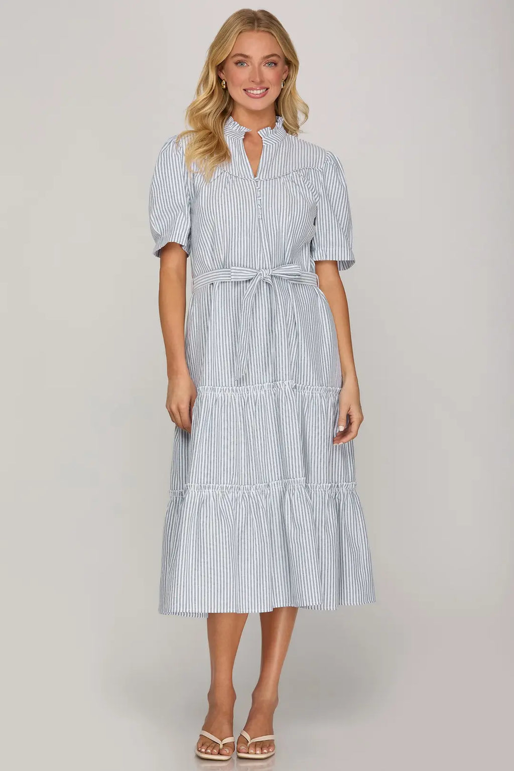 Blue Pin-Stripe Puff Sleeve Dress