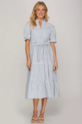 Blue Pin-Stripe Puff Sleeve Dress