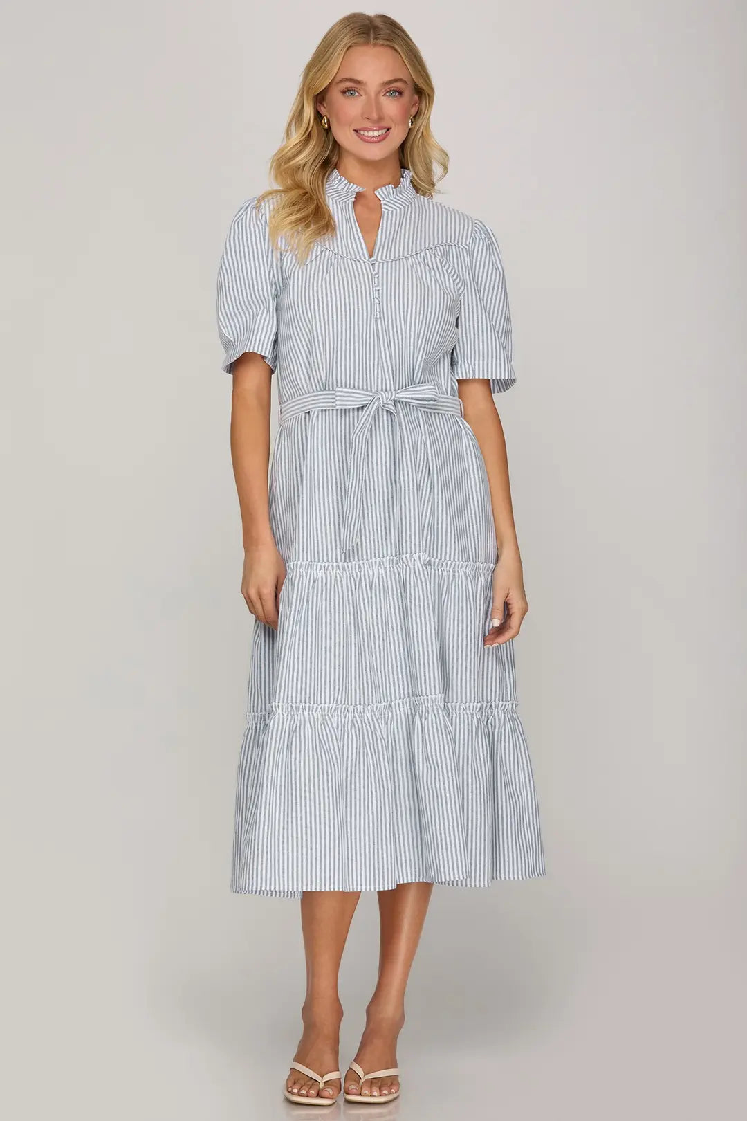 Blue Pin-Stripe Puff Sleeve Dress