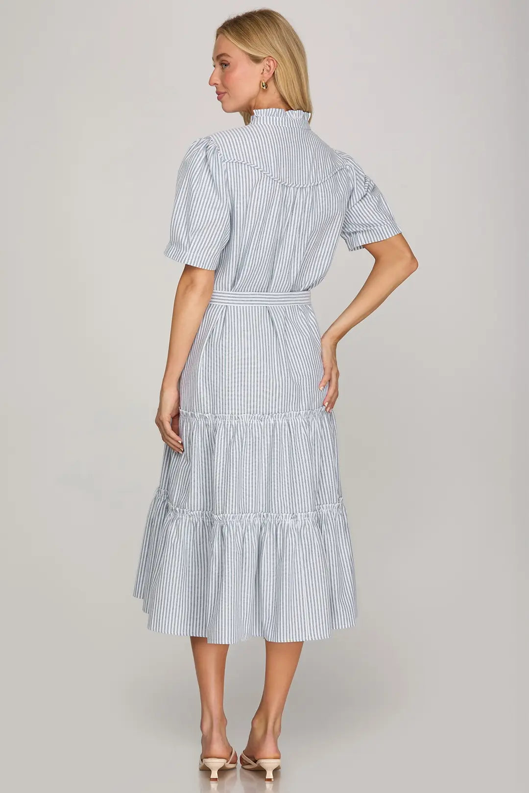 Blue Pin-Stripe Puff Sleeve Dress