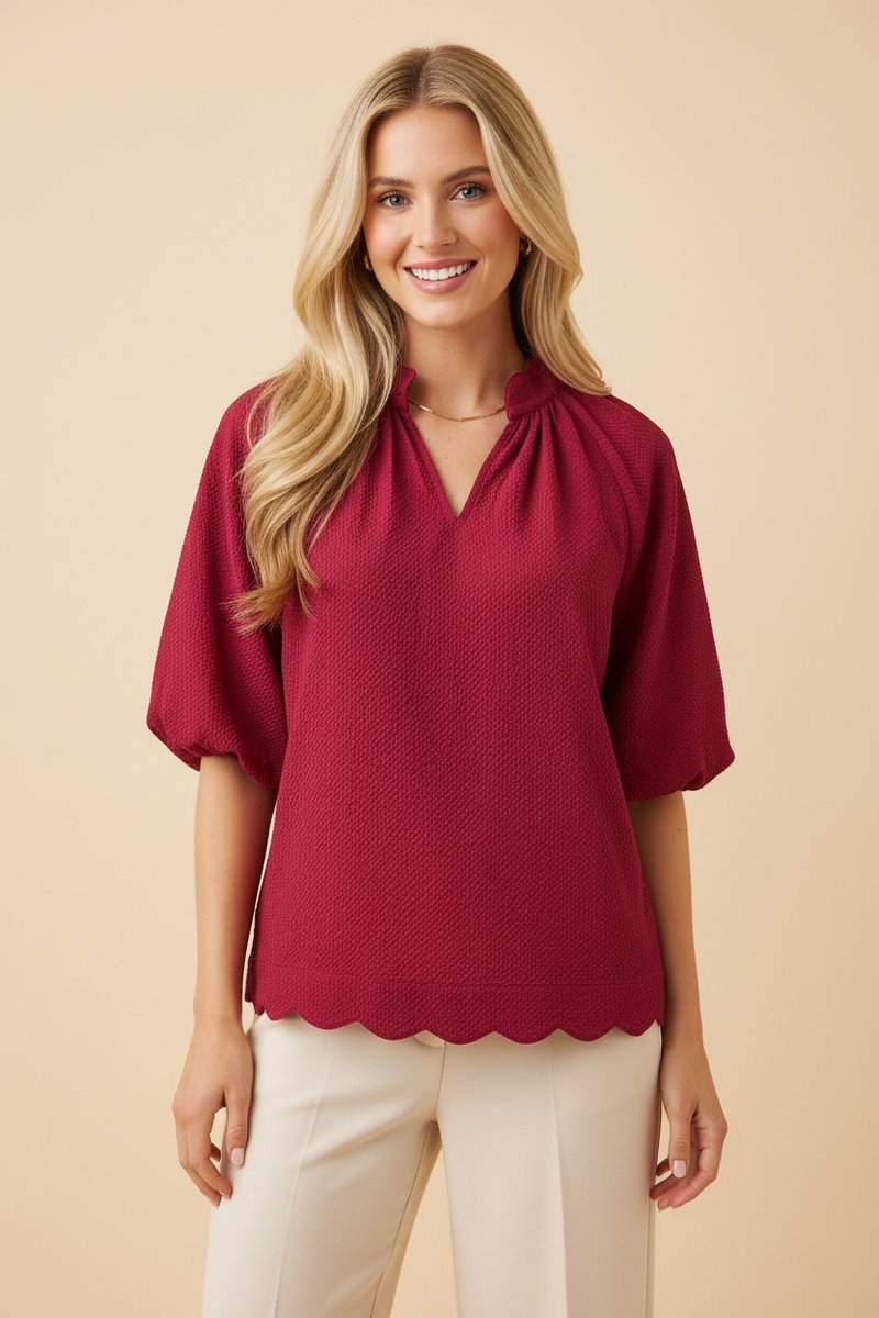Curvy Seersucker Scalloped Top