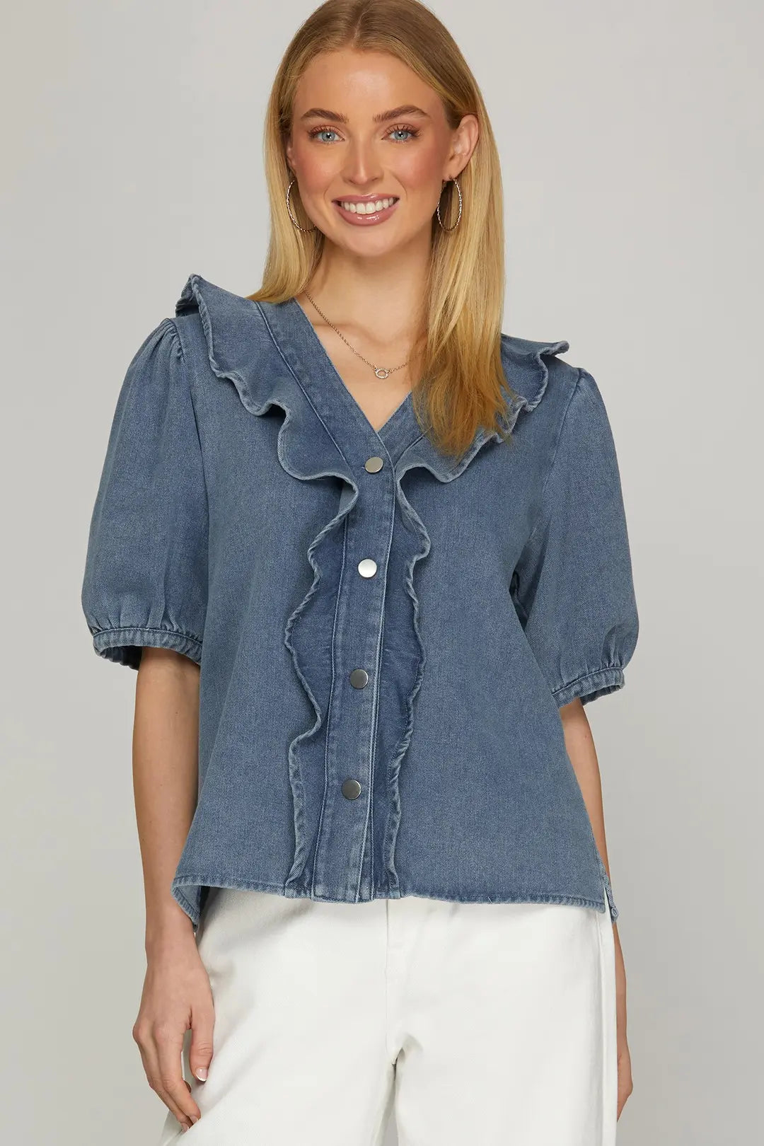 Washed Denim Ruffled Top