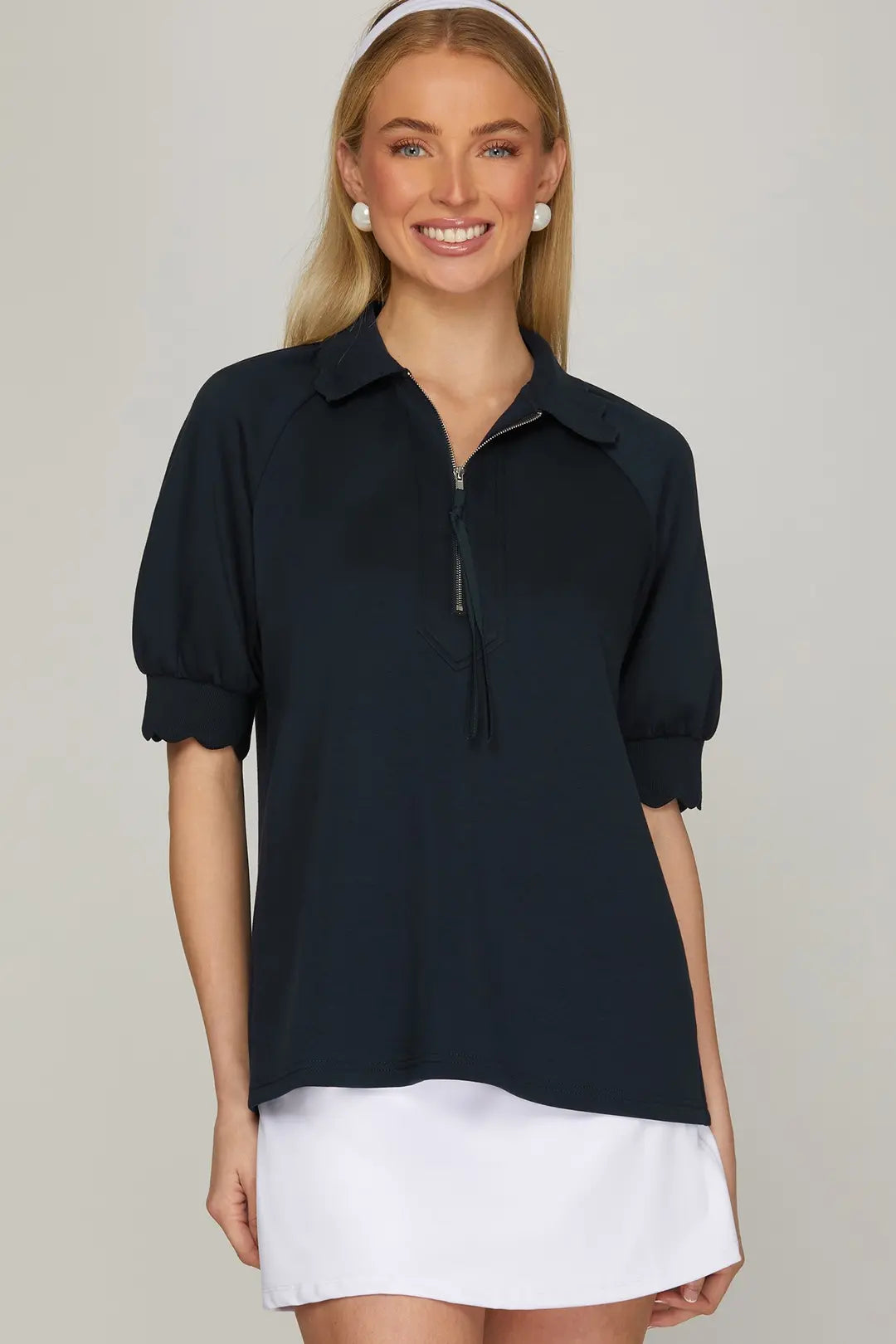 Scalloped Edge Half Zip Top